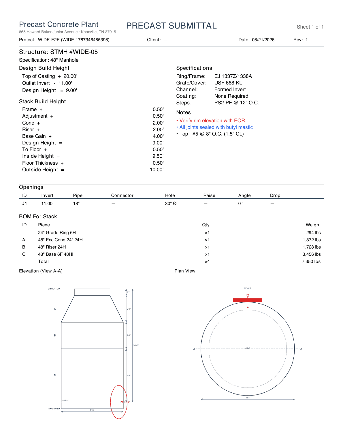 A dimensioned precast submittal sheet with a lettered bill of materials