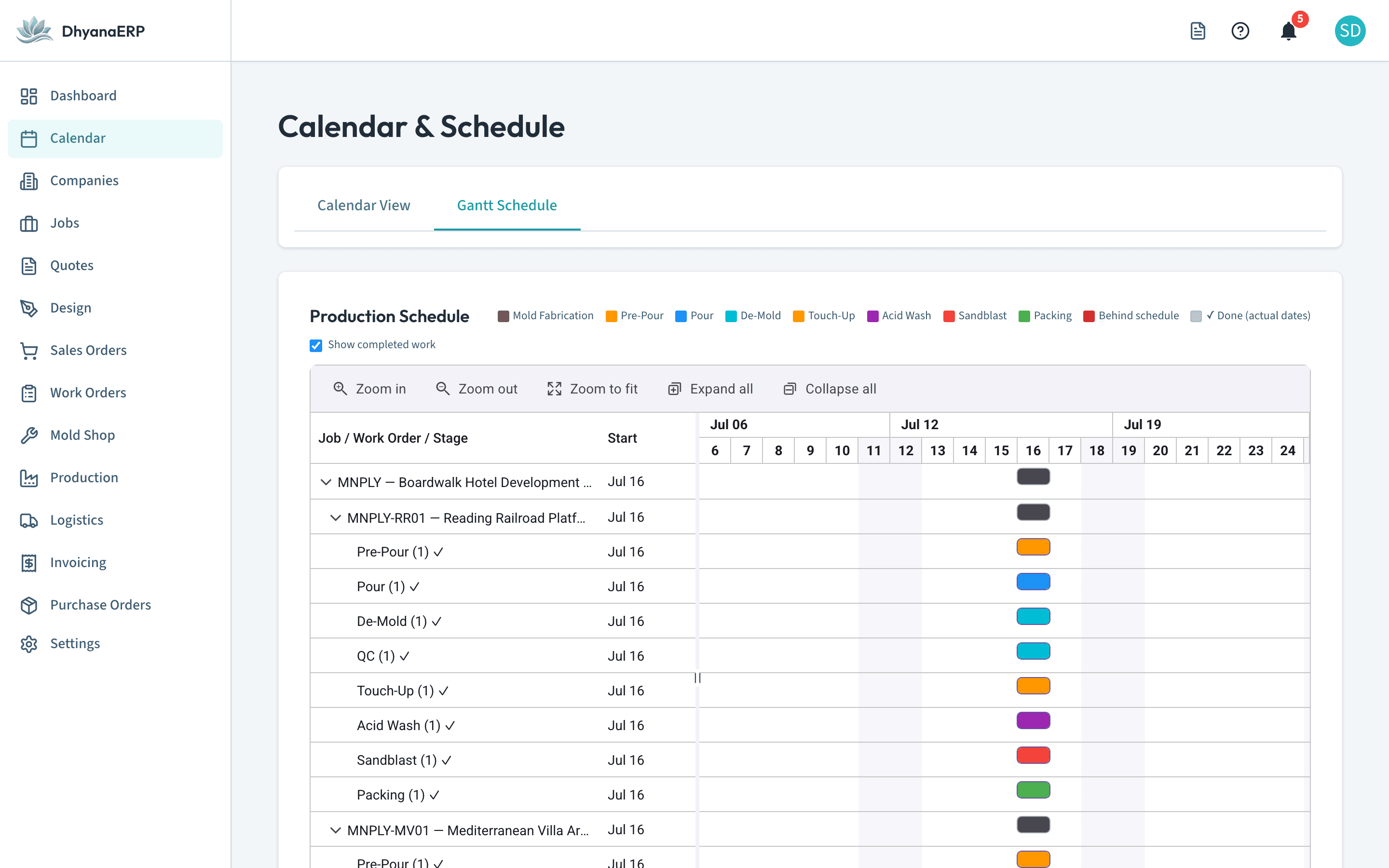 The production schedule board, showing jobs across production stages